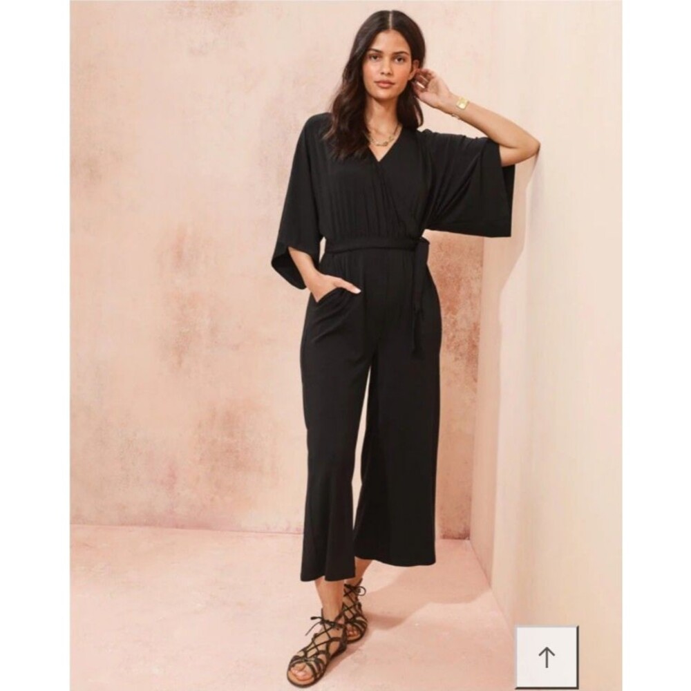NWT Garnet Hill Kimono Sleeve Knit Jumpsuit Black Wide Leg Cropped V-Neck Small